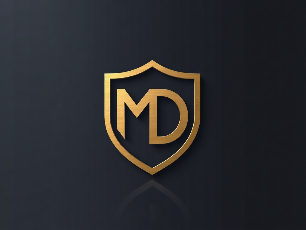 Minimalist shield icon with interlocking letters 'M' and 'D', brushed gold finish on dark slate background, subtle reflection, high-end branding photography, photorealistic 8k.